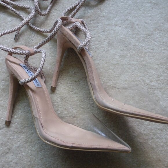 STEVE MADDEN clear vinyl & nude faux suede pointy toe heels with long ties - Picture 5 of 10